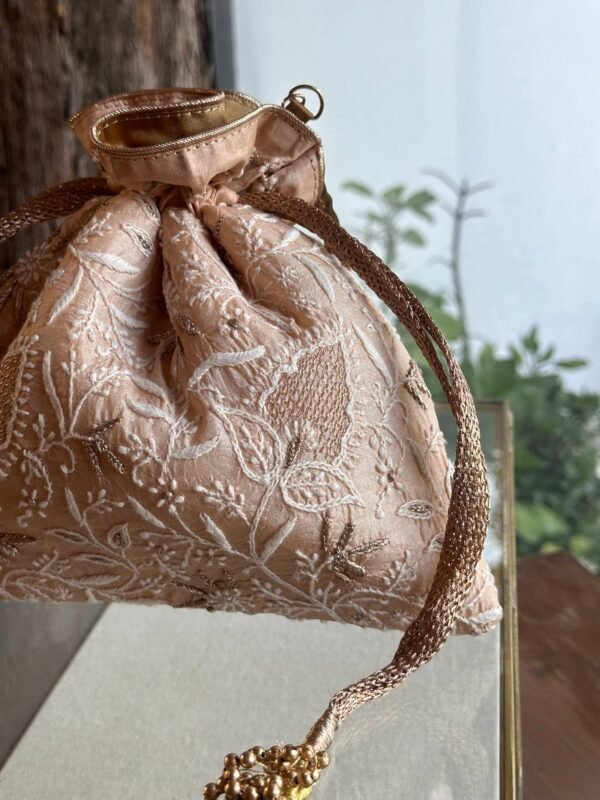 Pink Handcrafted Silk Chikankari Potli Bags With Ari Work - Image 3