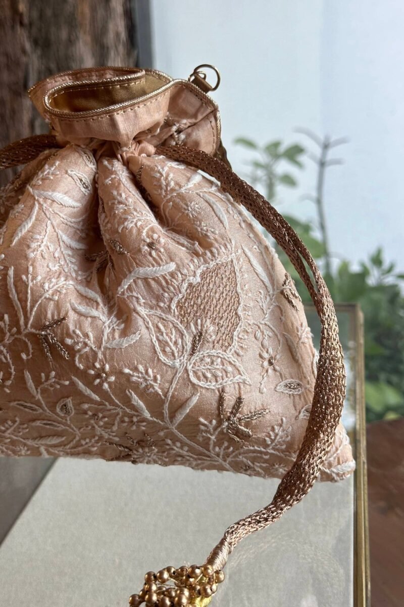 Pink Handcrafted Silk Chikankari Potli Bags With Ari Work