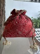 Red Handcrafted Silk Chikankari Potli Bags With Ari Work