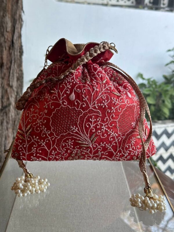 Red Handcrafted Silk Chikankari Potli Bags With Ari Work - Image 4