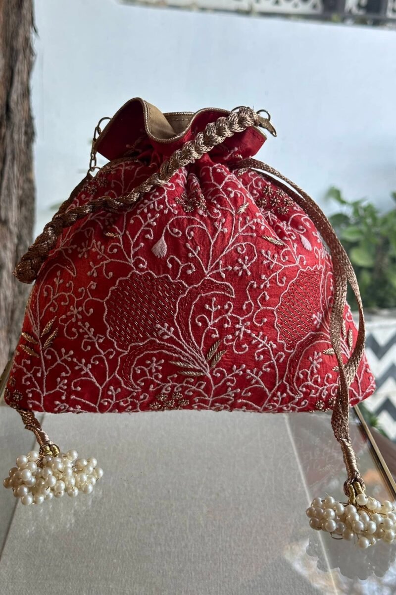 Red Handcrafted Silk Chikankari Potli Bags With Ari Work
