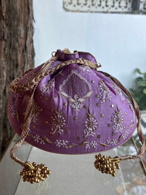 Purple Handcrafted Silk Chikankari Potli Bags With Ari Work and Mukaish Kamdani - Image 4
