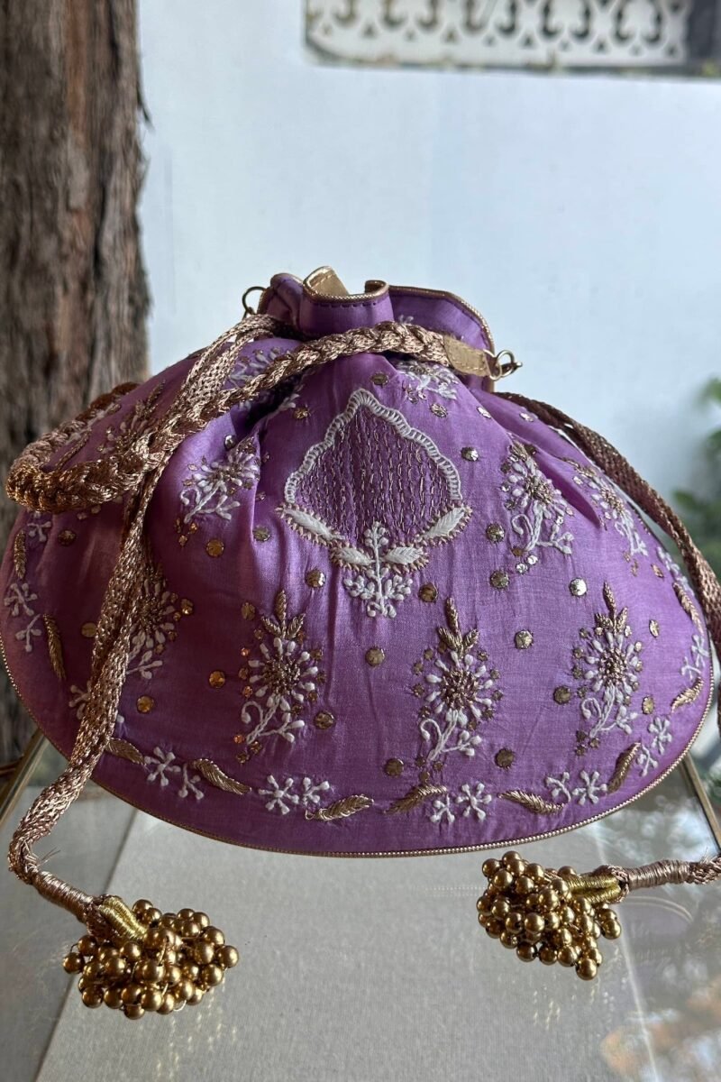 Purple Handcrafted Silk Chikankari Potli Bags With Ari Work and Mukaish Kamdani