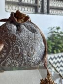 Grey Handcrafted Silk Chikankari Potli Bags With Ari Work