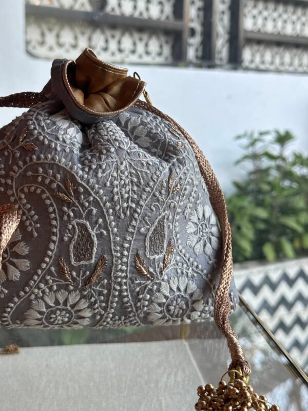 Grey Handcrafted Silk Chikankari Potli Bags With Ari Work - Image 4