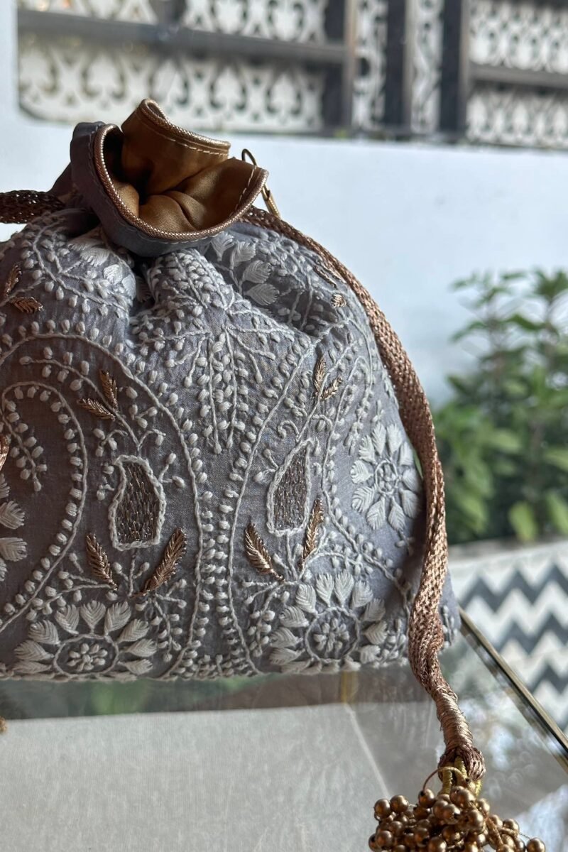 Grey Handcrafted Silk Chikankari Potli Bags With Ari Work