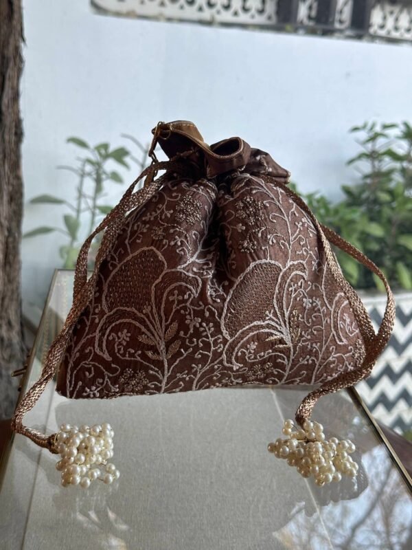Brown Handcrafted Silk Chikankari Potli Bags With Ari Work - Image 4