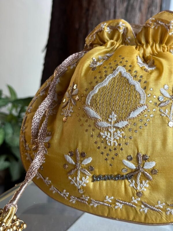 Yellow Handcrafted Silk Chikankari Potli Bags With Ari Work and Mukaish Kamdani - Image 4