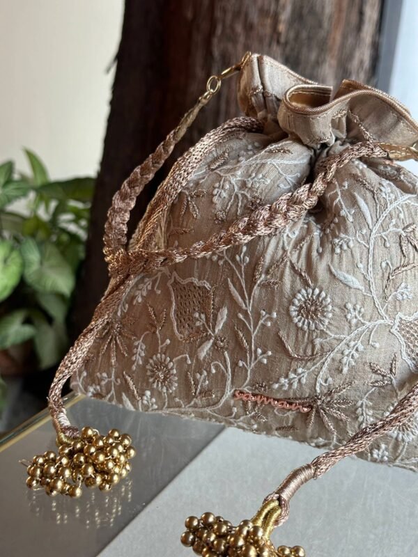 Natural Handcrafted Silk Chikankari Potli Bags With Ari Work - Image 4
