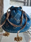 Blue Handcrafted Silk Chikankari Potli Bags With Ari Work and Mukaish Kamdani