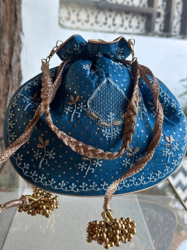Blue Handcrafted Silk Chikankari Potli Bags With Ari Work and Mukaish Kamdani - Image 4