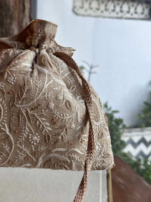 Natural Handcrafted Silk Chikankari Potli Bags With Ari Work - Image 4