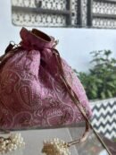 Pink Handcrafted Silk Chikankari Potli Bags With Ari Work