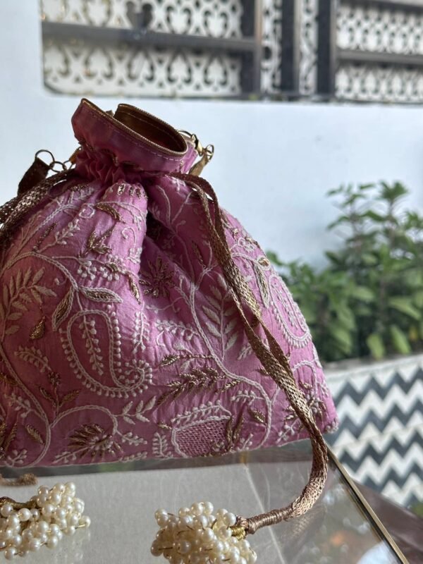 Pink Handcrafted Silk Chikankari Potli Bags With Ari Work - Image 4