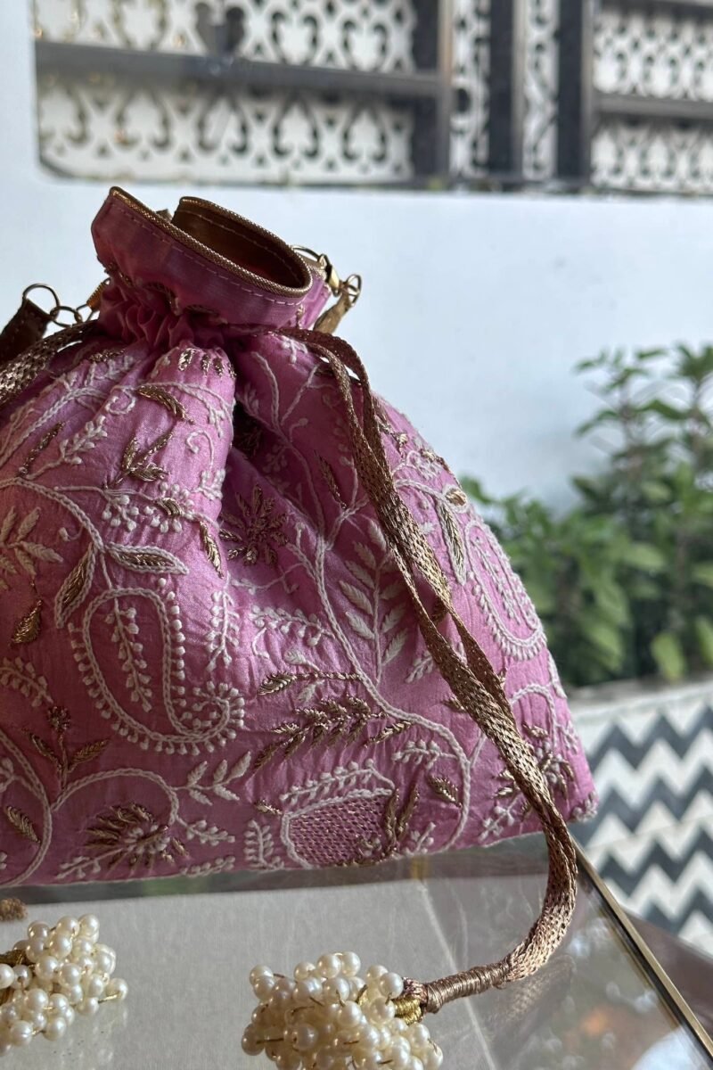 Pink Handcrafted Silk Chikankari Potli Bags With Ari Work
