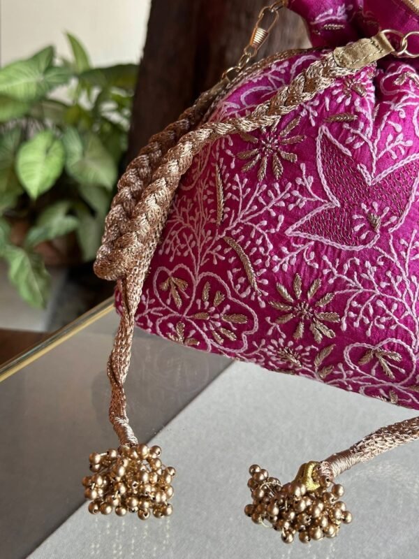Pink Handcrafted Silk Chikankari Potli Bags With Ari Work - Image 4