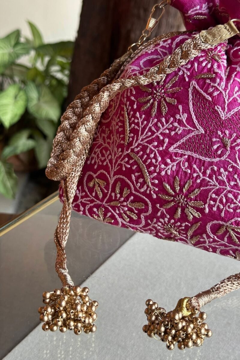 Pink Handcrafted Silk Chikankari Potli Bags With Ari Work