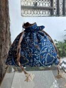 Blue Handcrafted Silk Chikankari Potli Bags With Ari Work