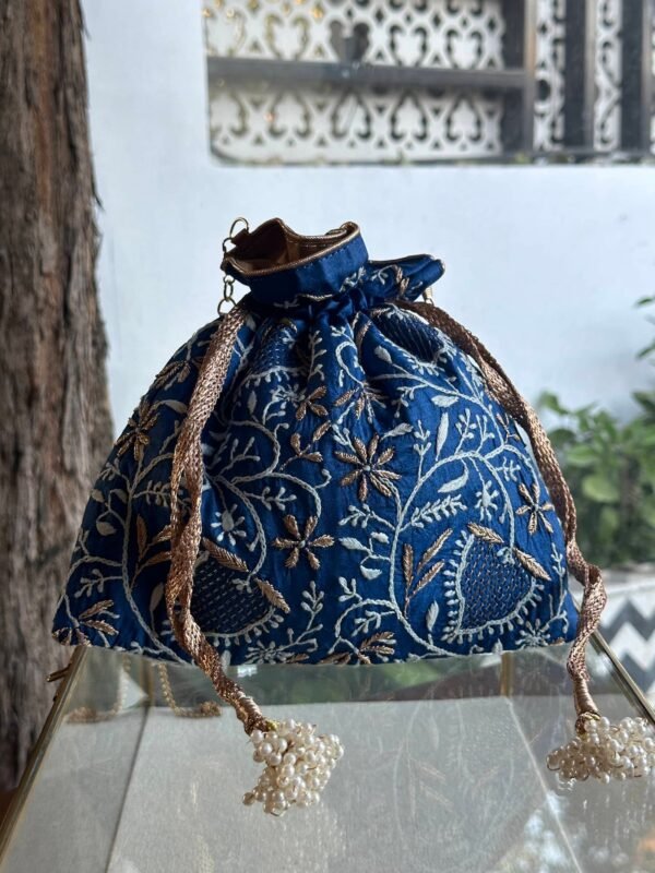 Blue Handcrafted Silk Chikankari Potli Bags With Ari Work - Image 4