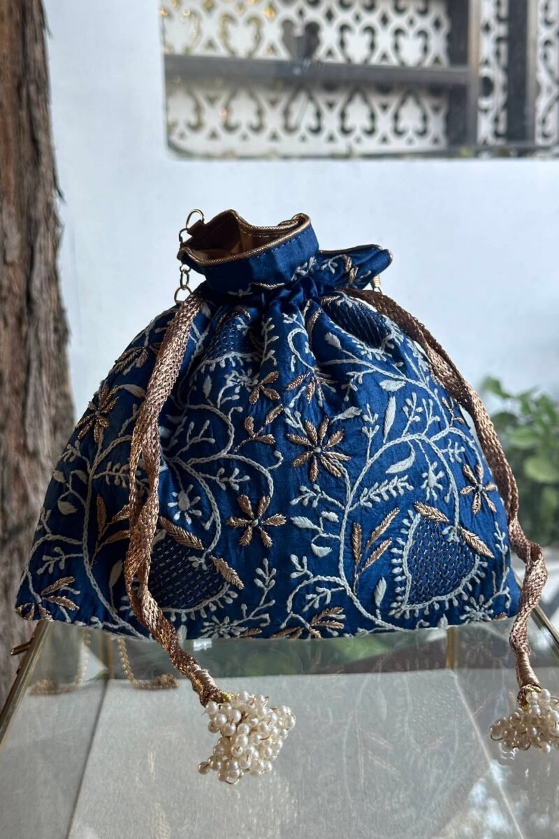 Blue Handcrafted Silk Chikankari Potli Bags With Ari Work