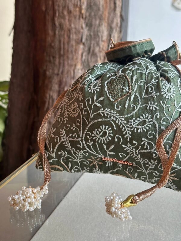 Green Handcrafted Silk Chikankari Potli Bags With Ari Work - Image 4