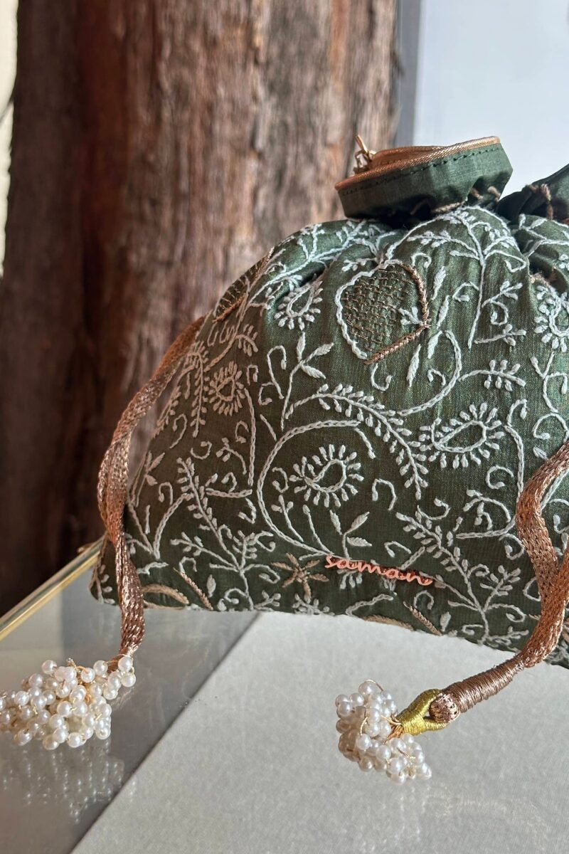 Green Handcrafted Silk Chikankari Potli Bags With Ari Work