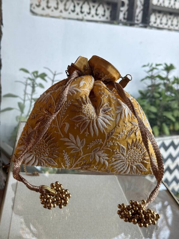 Yellow Handcrafted Silk Chikankari Potli Bags With Ari Work - Image 4