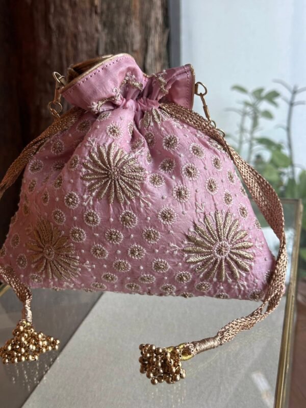 Pink Handcrafted Silk Chikankari Potli Bags With Ari Work - Image 4