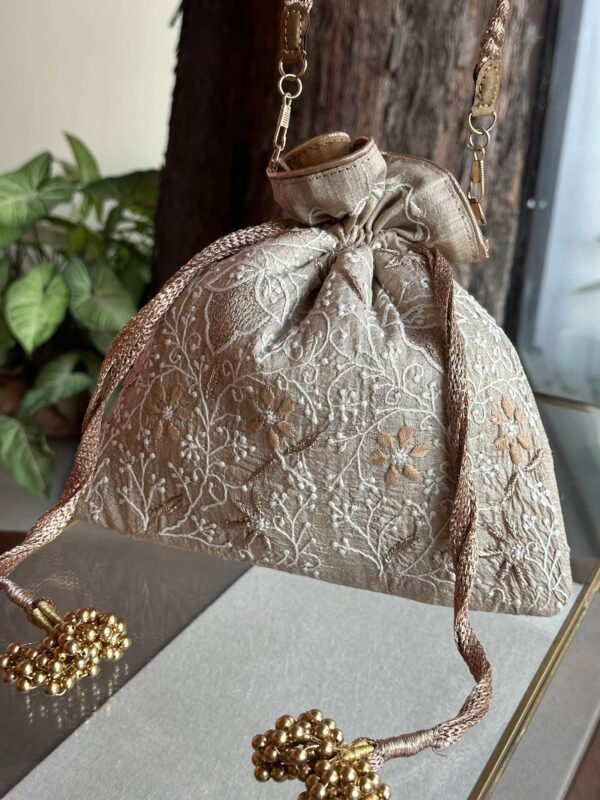 Natural Handcrafted Silk Chikankari Potli Bags With Ari Work