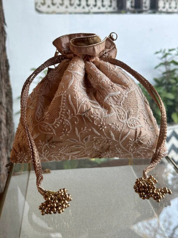 Pink Handcrafted Silk Chikankari Potli Bags With Ari Work - Image 4
