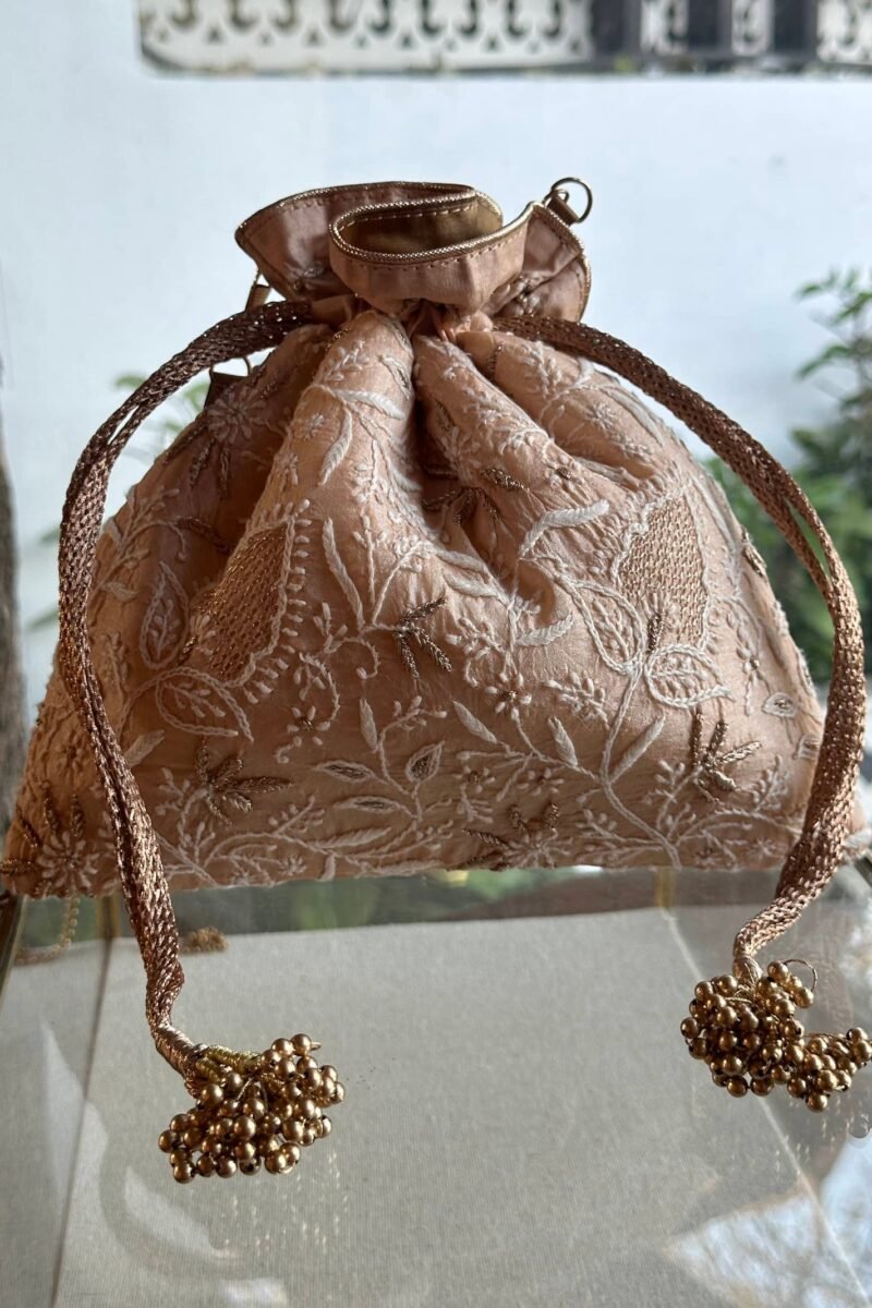 Pink Handcrafted Silk Chikankari Potli Bags With Ari Work
