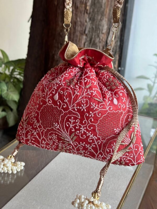Red Handcrafted Silk Chikankari Potli Bags With Ari Work - Image 5