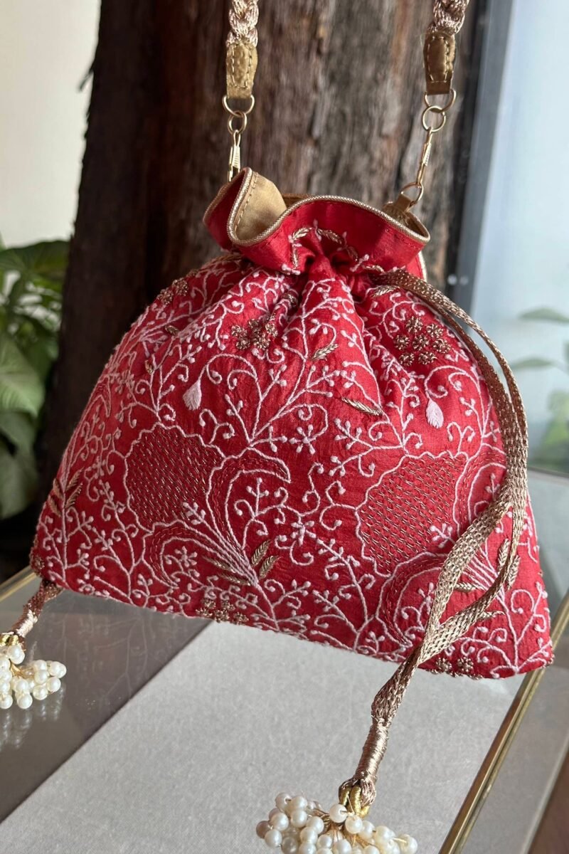 Red Handcrafted Silk Chikankari Potli Bags With Ari Work
