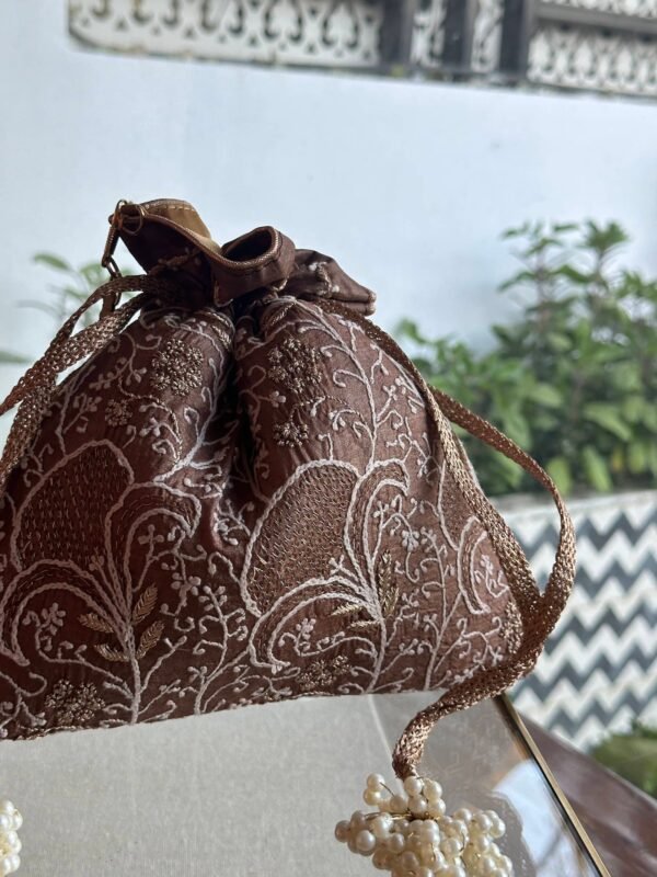 Brown Handcrafted Silk Chikankari Potli Bags With Ari Work - Image 5