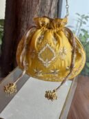 Yellow Handcrafted Silk Chikankari Potli Bags With Ari Work and Mukaish Kamdani