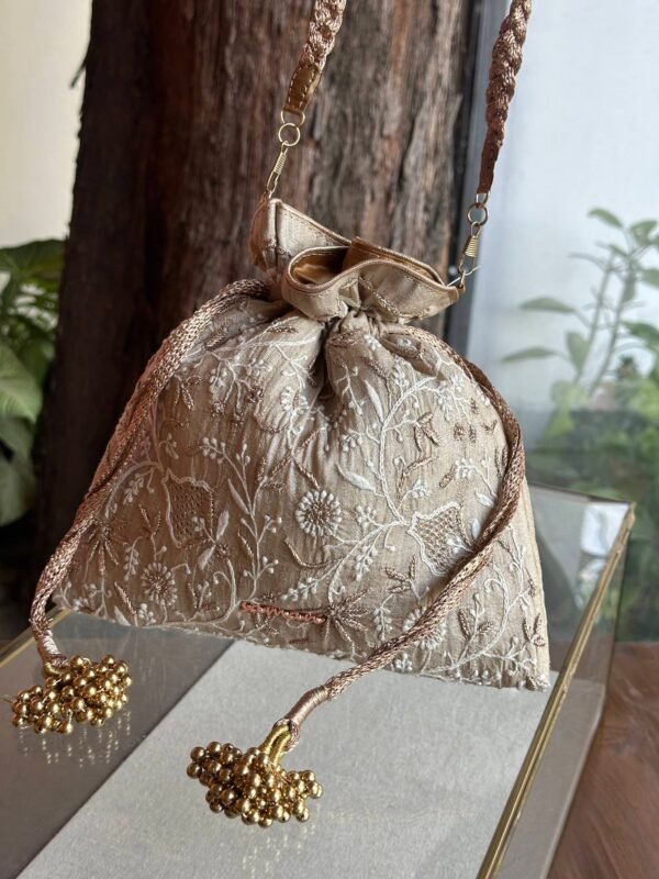 Natural Handcrafted Silk Chikankari Potli Bags With Ari Work - Image 5