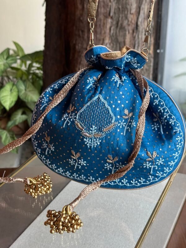 Blue Handcrafted Silk Chikankari Potli Bags With Ari Work and Mukaish Kamdani - Image 5