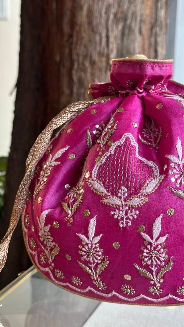 Pink Handcrafted Silk Chikankari Potli Bags With Ari Work and Mukaish Kamdani - Image 5