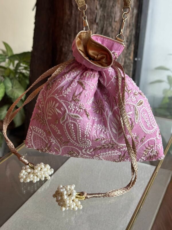 Pink Handcrafted Silk Chikankari Potli Bags With Ari Work - Image 5