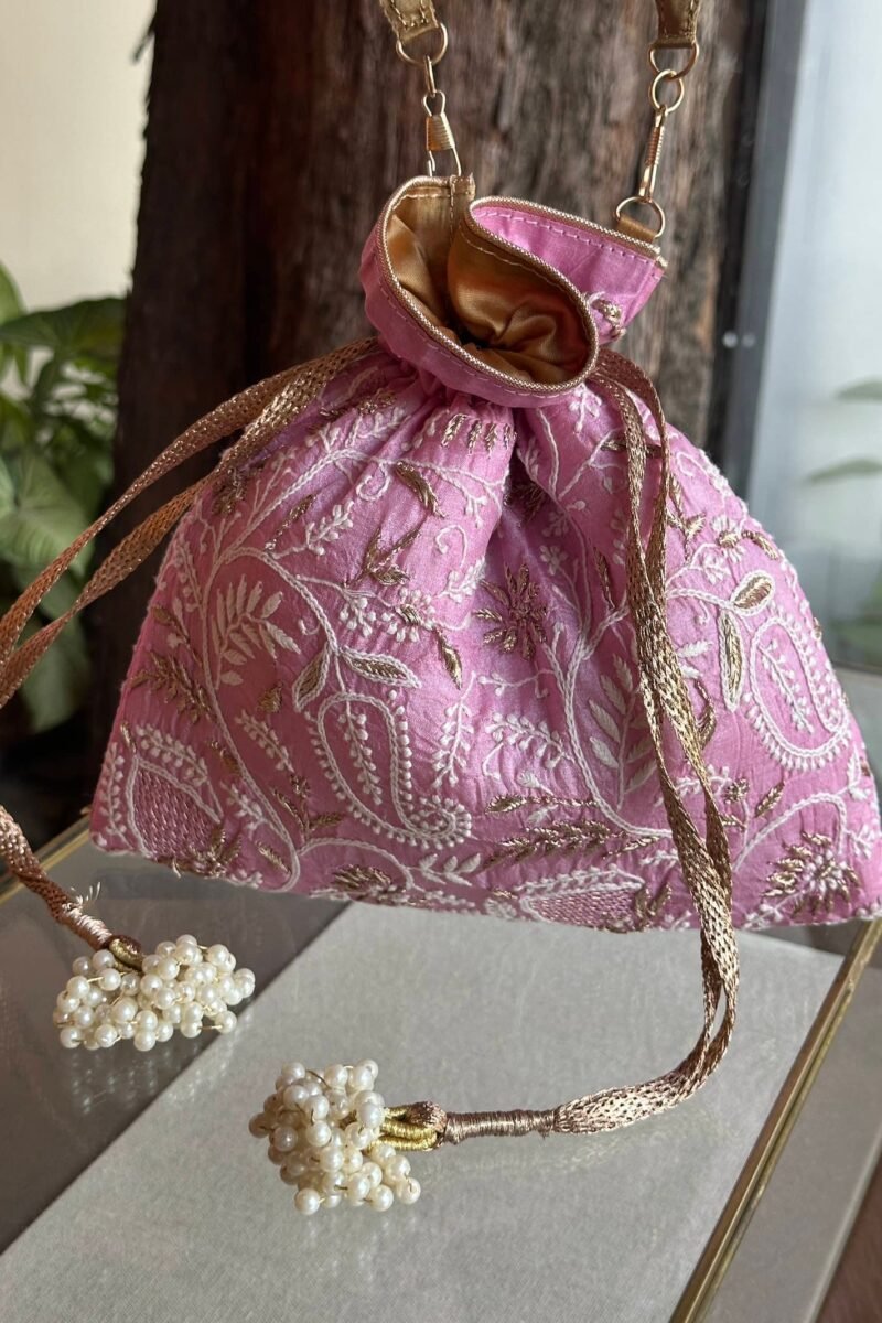 Pink Handcrafted Silk Chikankari Potli Bags With Ari Work
