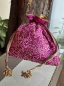 Pink Handcrafted Silk Chikankari Potli Bags With Ari Work