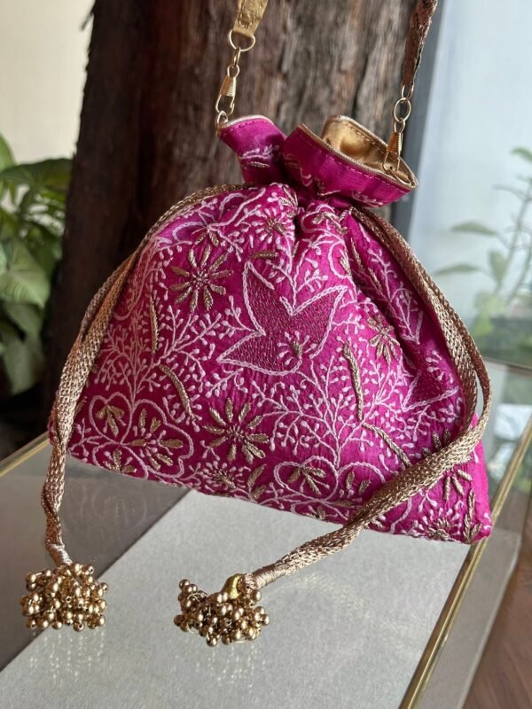 Pink Handcrafted Silk Chikankari Potli Bags With Ari Work