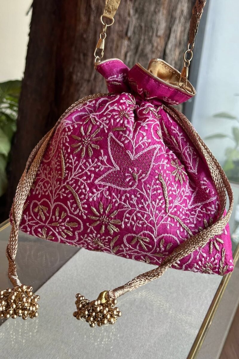 Pink Handcrafted Silk Chikankari Potli Bags With Ari Work