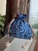 Blue Handcrafted Silk Chikankari Potli Bags With Ari Work
