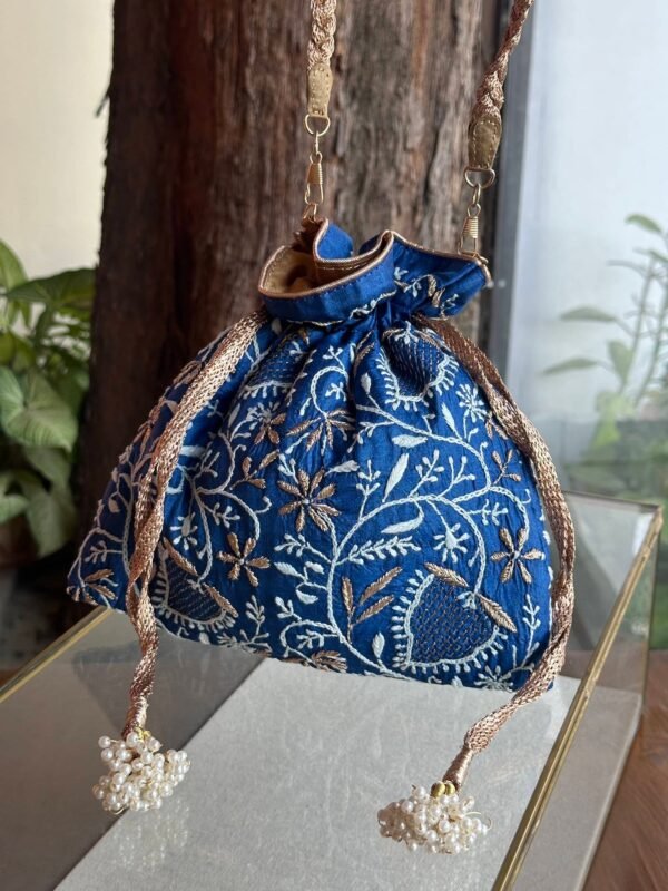 Blue Handcrafted Silk Chikankari Potli Bags With Ari Work
