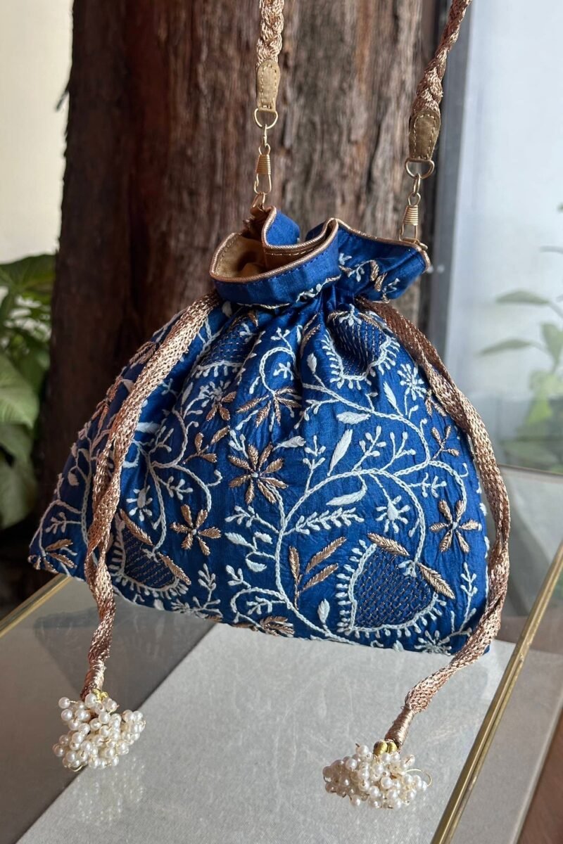 Blue Handcrafted Silk Chikankari Potli Bags With Ari Work