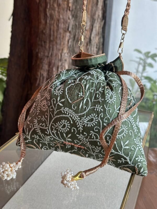 Green Handcrafted Silk Chikankari Potli Bags With Ari Work - Image 5