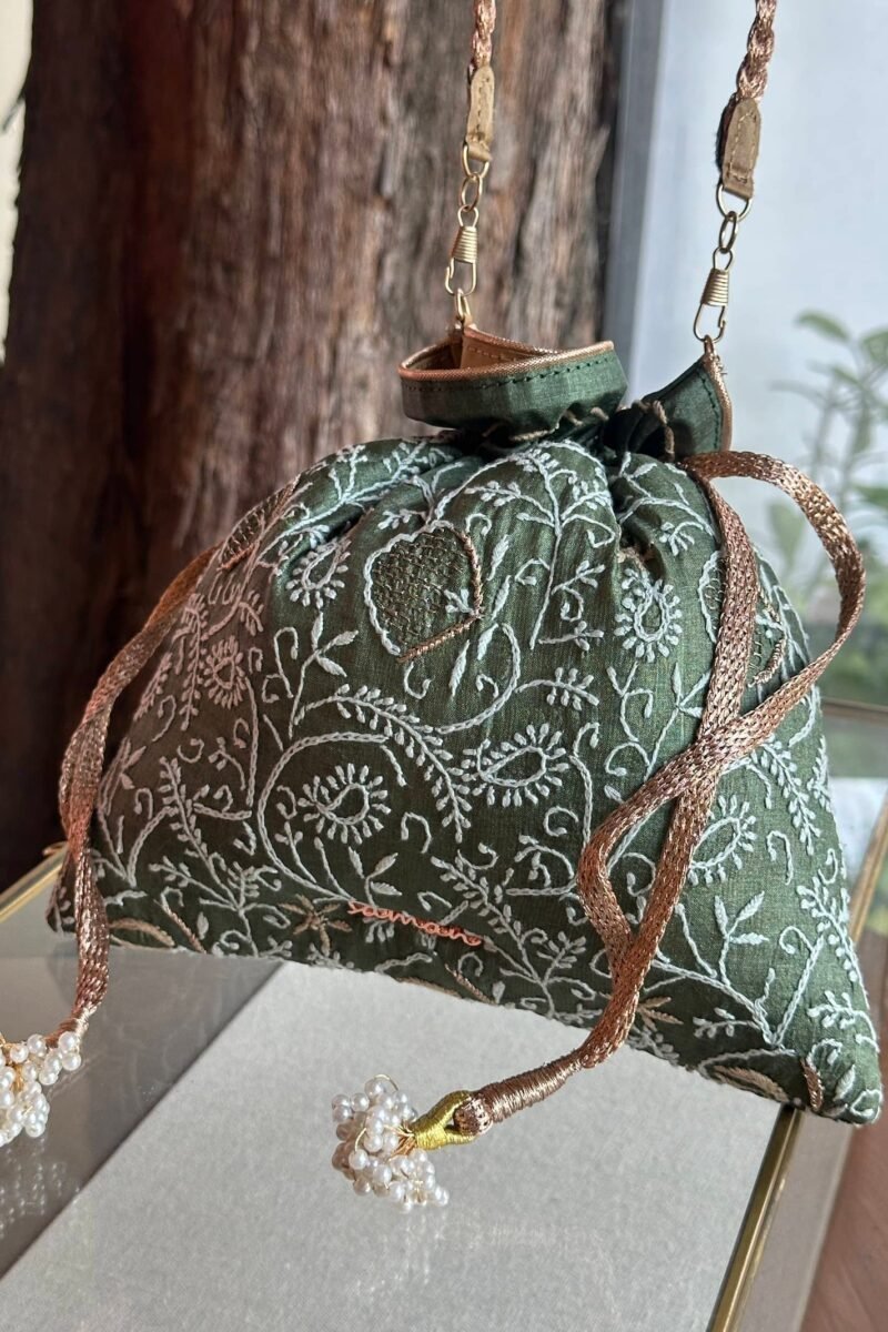 Green Handcrafted Silk Chikankari Potli Bags With Ari Work