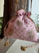 Pink Handcrafted Silk Chikankari Potli Bags With Ari Work