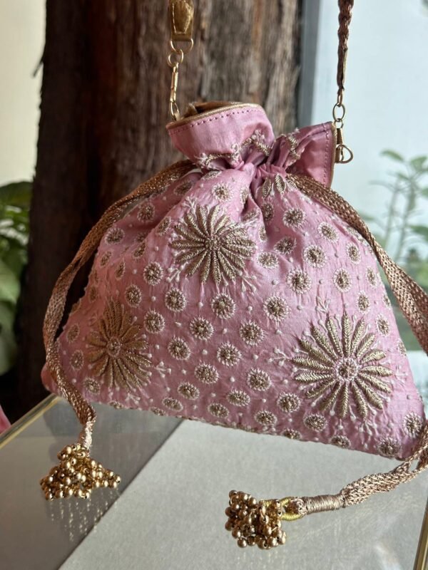 Pink Handcrafted Silk Chikankari Potli Bags With Ari Work